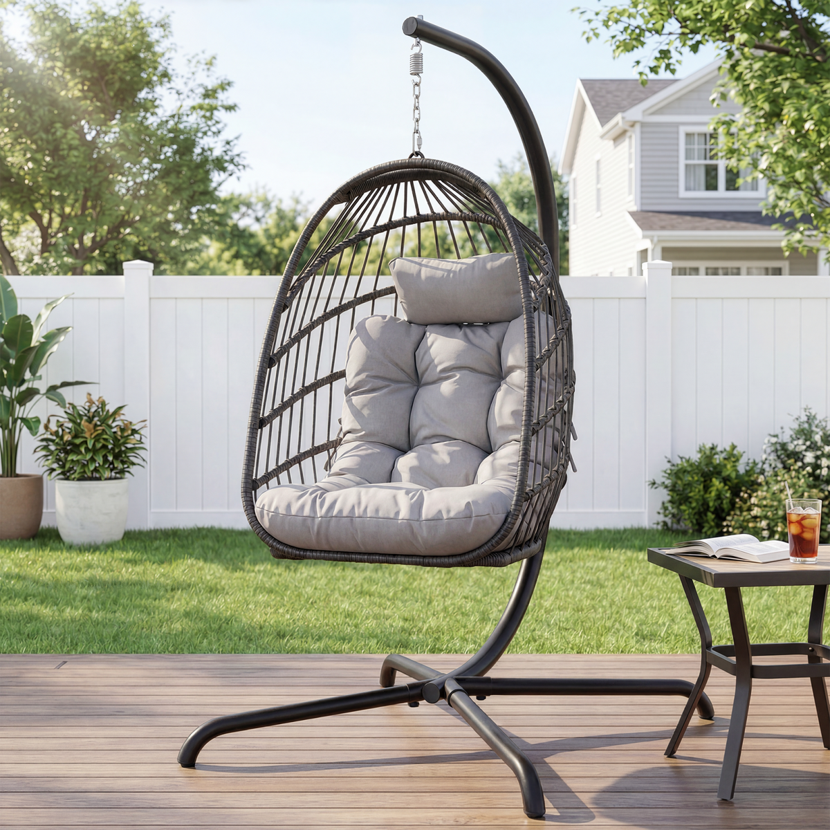 RADIATA Foldable PE Wicker Hanging Egg Chair With Stand Swing Chair With Cushion and Pillow Capacity 350lbs