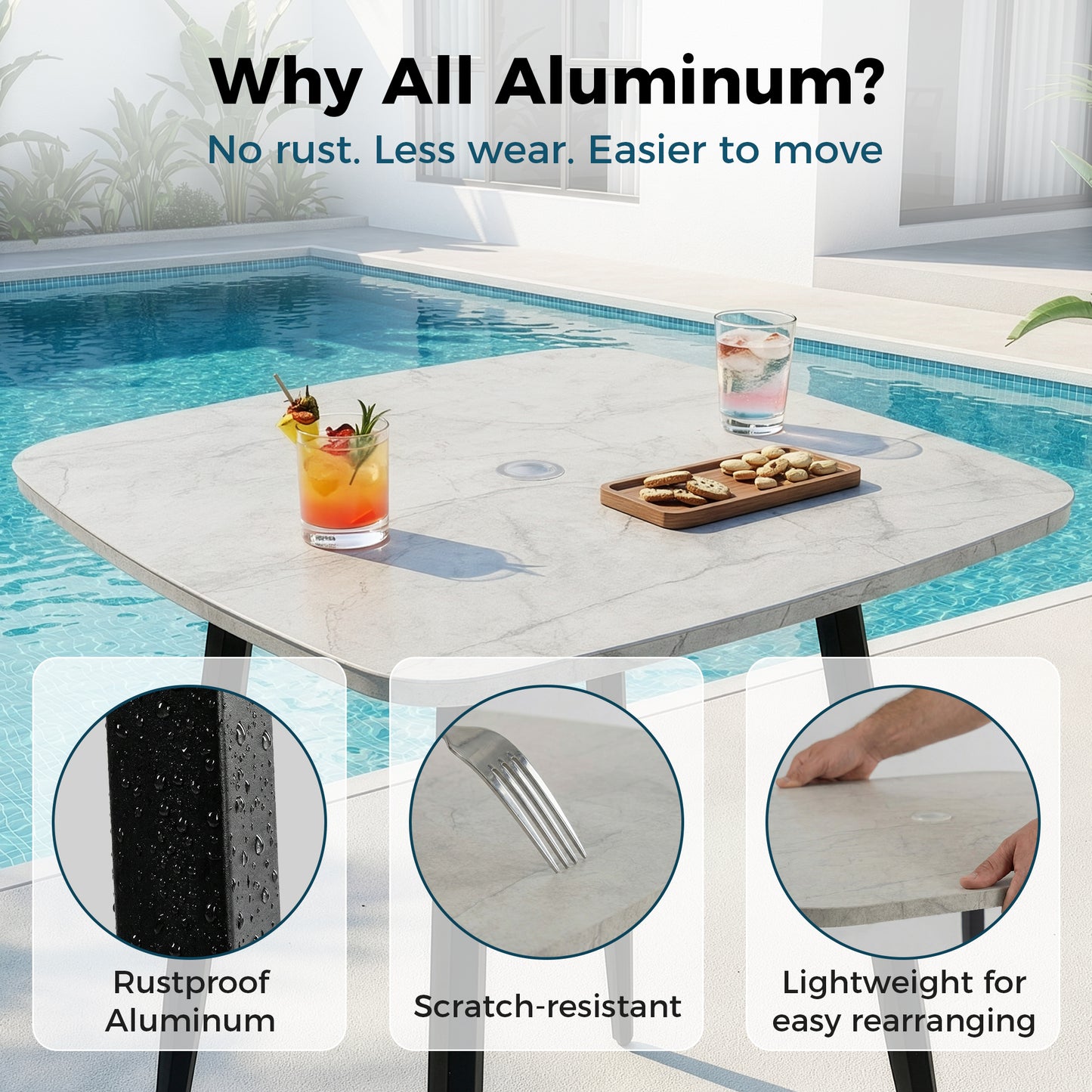 RADIATA Aluminum Bar Height Patio Table, Scratch-Resistant Marble-Look Tabletop with Umbrella Hole, High Top Outdoor Table (200 lb Capacity)