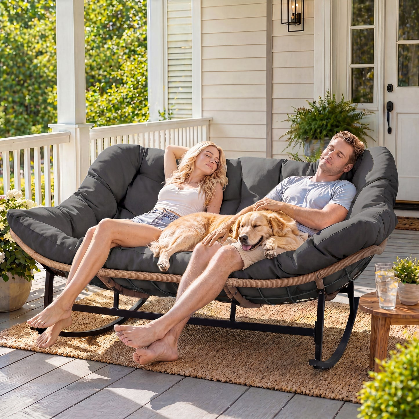 RADIATA Brown Double Outdoor Rocking Chair,2 Person Patio Rocking Egg Chair with Thick Cushion