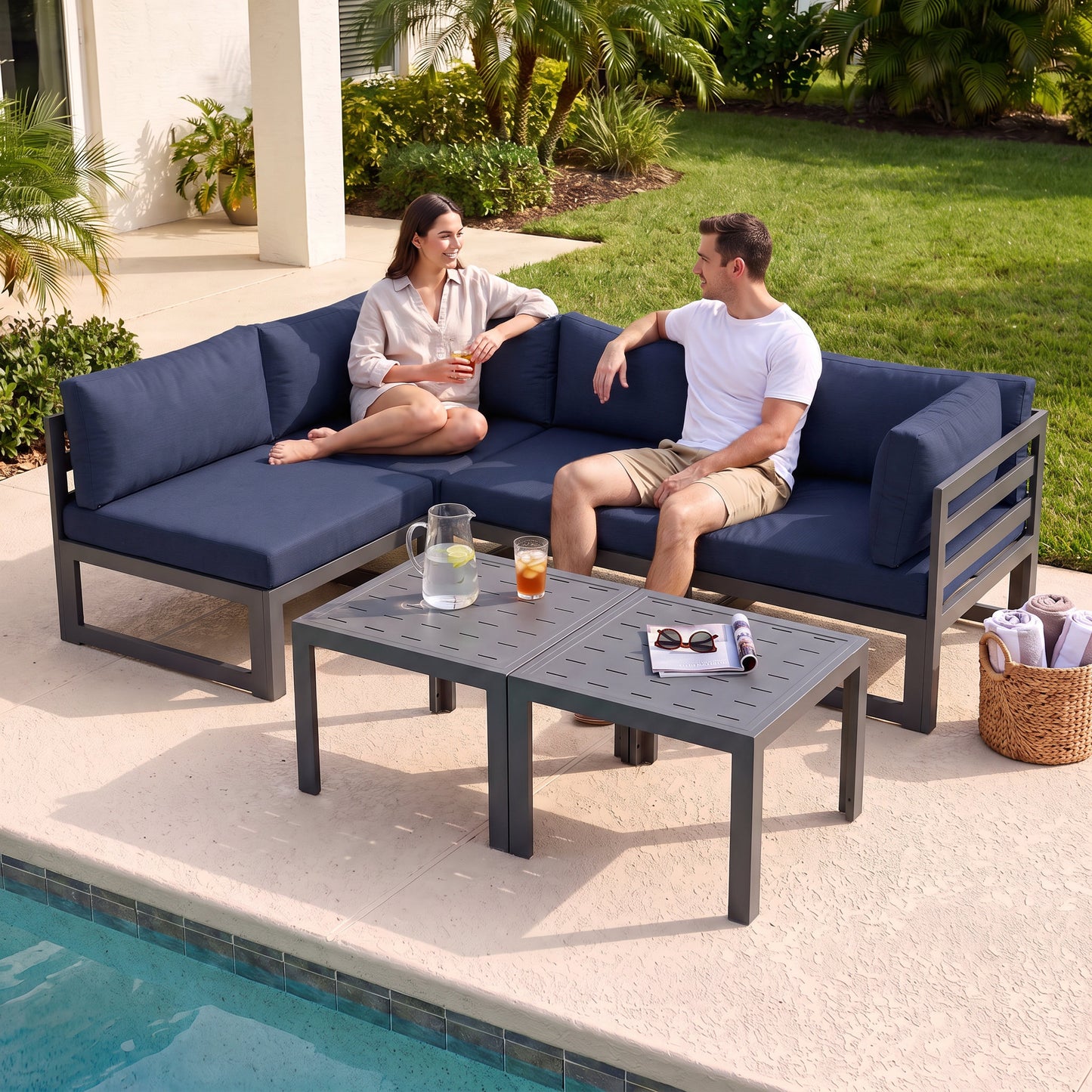 RADIATA 6pcs Outdoor Aluminum Furniture Set with 29" Seats, Oversized Modular Conversation Set Sectional Sofa, 500 lb Capacity,4" Cushions, 2 Corner&2 Armless Chairs&2 Tables