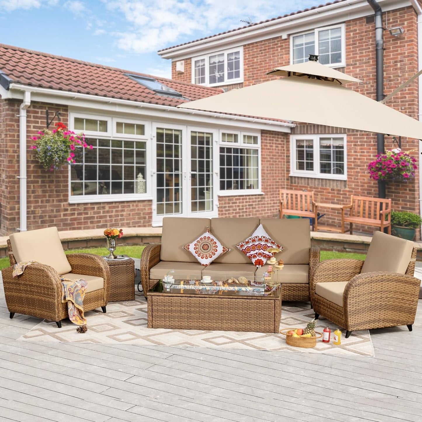 RADIATA Brown Retro PE Wicker Patio Furniture Conversation Sofa Set with Propane/Natural Gas Fire Pit Table, Large Size High Back Outdoor Sectional Furniture