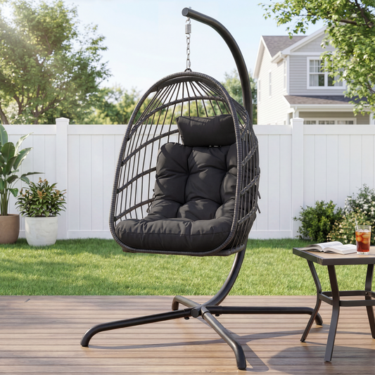 RADIATA Foldable PE Wicker Hanging Egg Chair With Stand Swing Chair With Cushion and Pillow Capacity 350lbs
