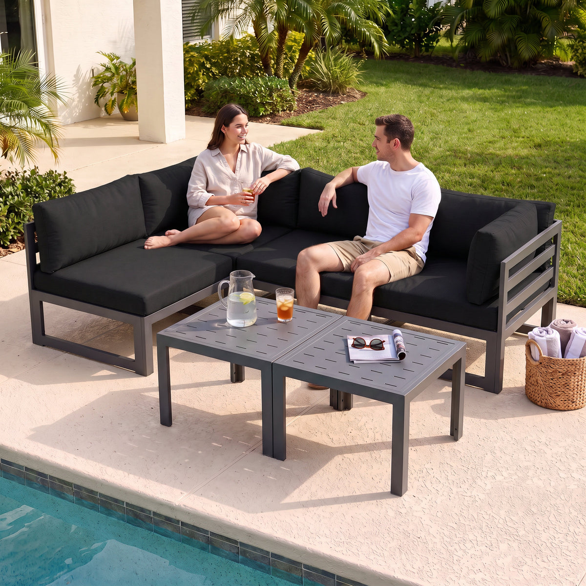 RADIATA 6pcs Outdoor Aluminum Furniture Set with 29" Seats, Oversized Modular Conversation Set Sectional Sofa, 500 lb Capacity,4" Cushions, 2 Corner&2 Armless Chairs&2 Tables