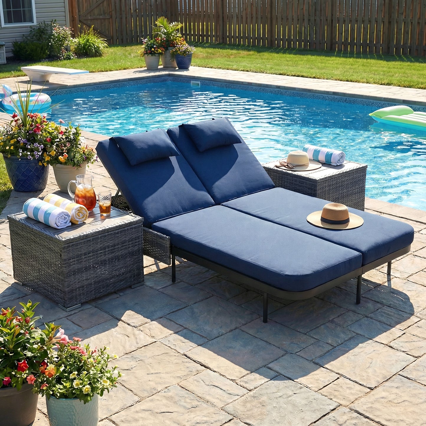 RADIATA 51.2" 2-Person Outdoor Double Chaise Lounge Outdoor Daybed With Independent 5-Position Backrests, 4.1" Cushions, 800 lb Capacity, Patio Chaise Lounge Chair,Dark Gray