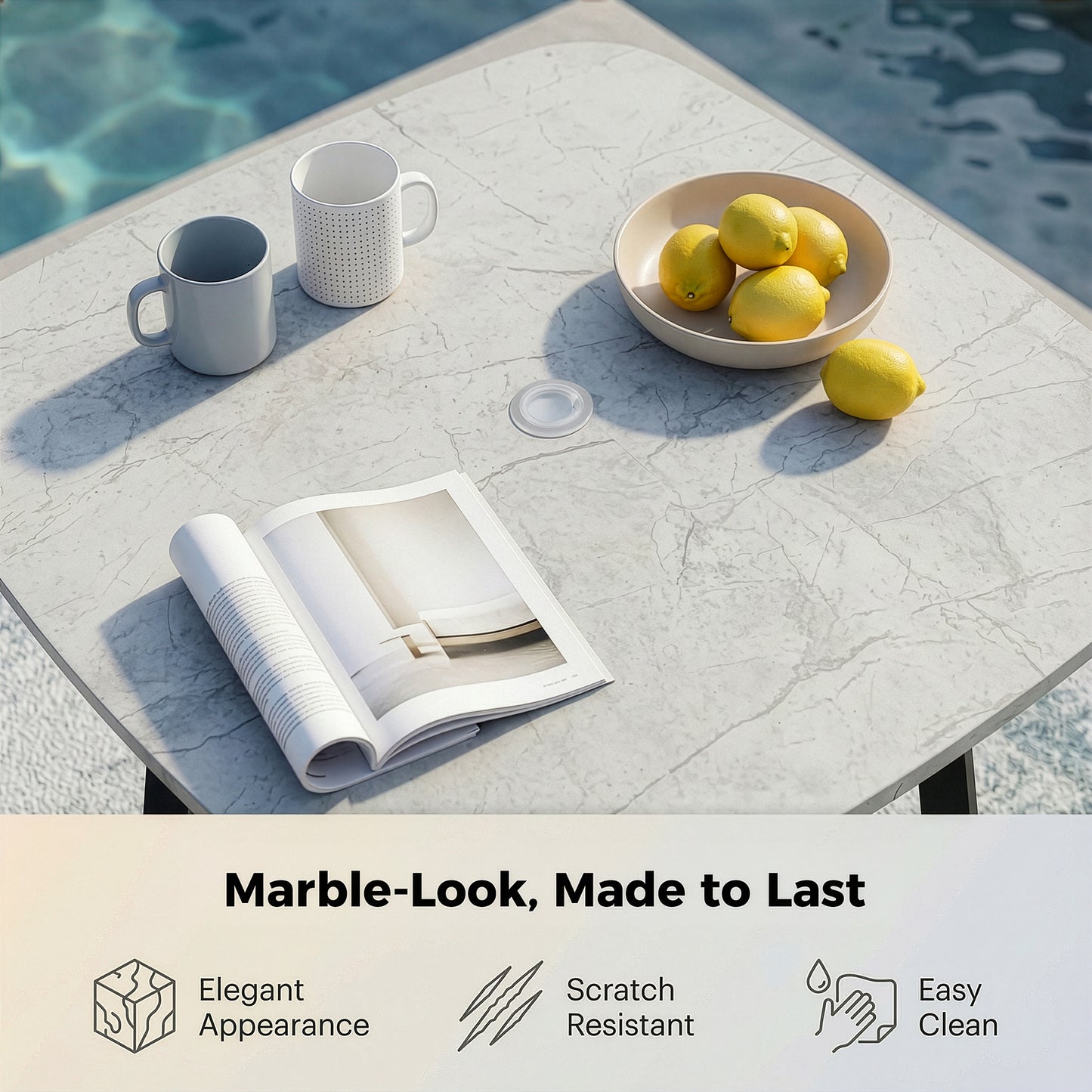 RADIATA Aluminum Bar Height Patio Table, Scratch-Resistant Marble-Look Tabletop with Umbrella Hole, High Top Outdoor Table (200 lb Capacity)