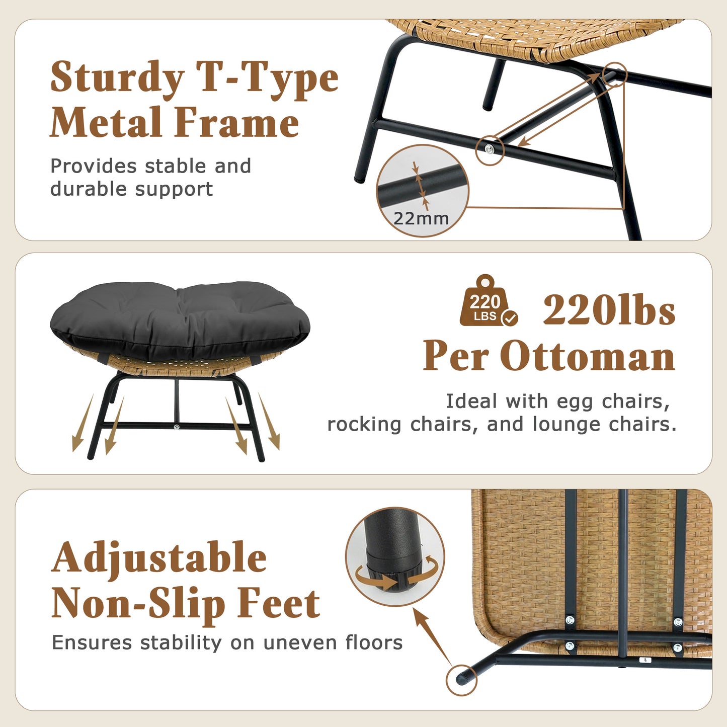 RADIATA 2Pcs Footrest Stool for Egg Chair Outdoor, Boho Portable Comfy Ottoman with Thick Cotton Cushion Padded Sofa Stool with Metal Frame for Lazy Chair, Living Room & Bedroom,Gray