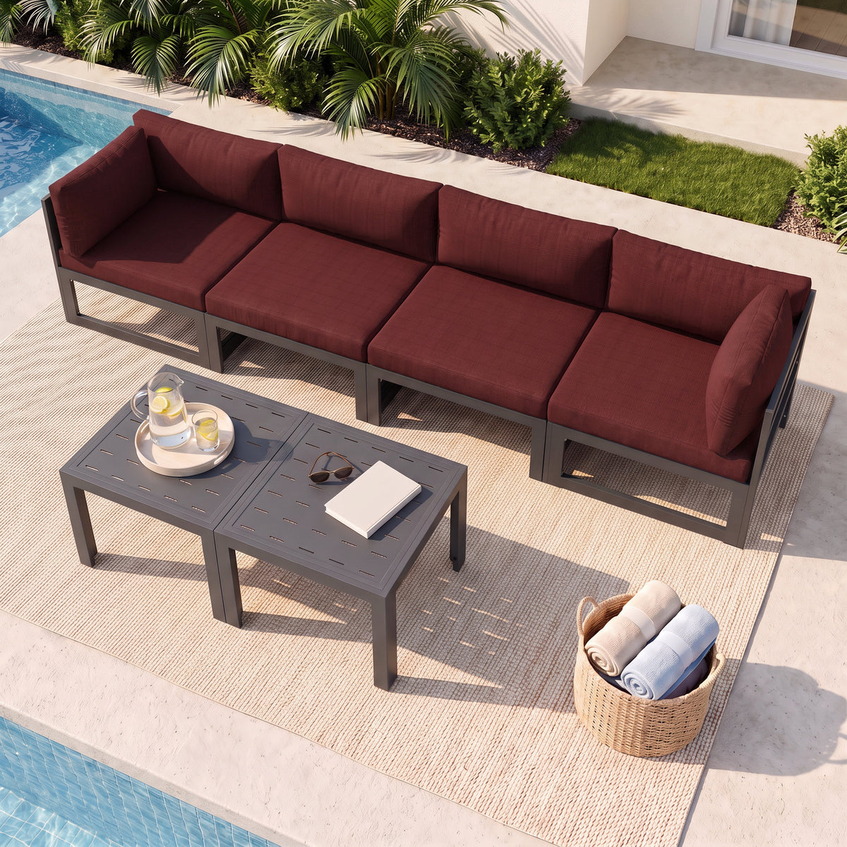RADIATA 6pcs Outdoor Aluminum Furniture Set with 29" Seats, Oversized Modular Conversation Set Sectional Sofa, 500 lb Capacity,4" Cushions, 2 Corner&2 Armless Chairs&2 Tables