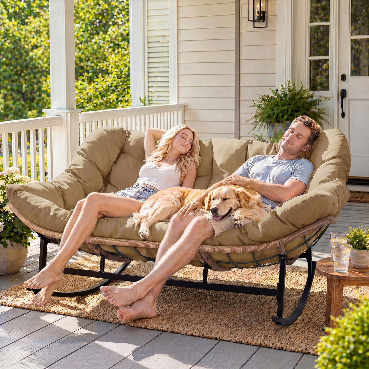 RADIATA Brown Double Outdoor Rocking Chair,2 Person Patio Rocking Egg Chair with Thick Cushion