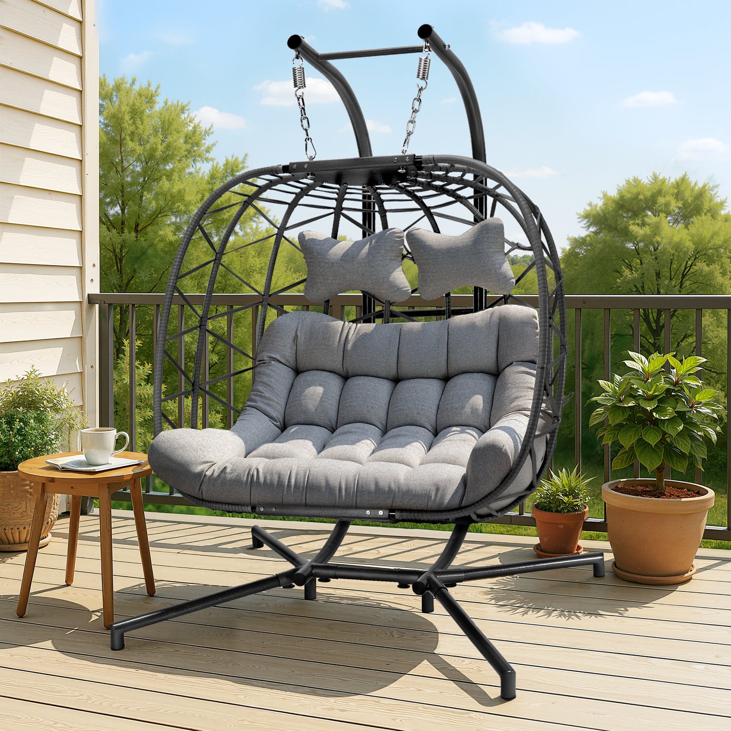 Double Wicker Swing Egg Chair 2 Person Hanging Egg Chair with Stand, Porch Swing Loveseat 700LBS Capacity for Indoor Outdoor, Black