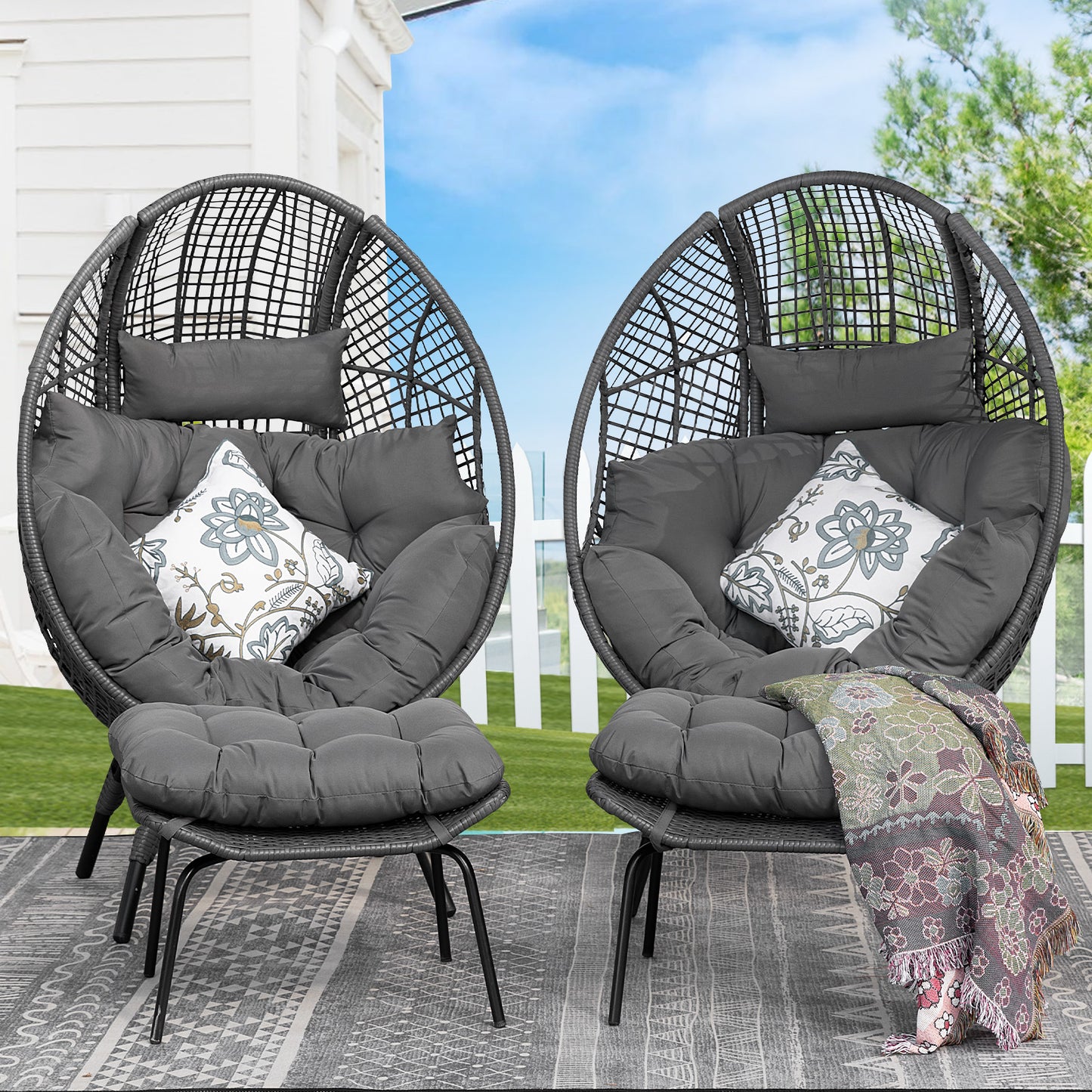 FINCATI 2 PCS Beige Oversized Wicker Egg Chair with Legs and Ottoman Outdoor Indoor Large Egg Basket Lounge Chair with Footstool for Bedroom Patio Balcony Front Porch Garden