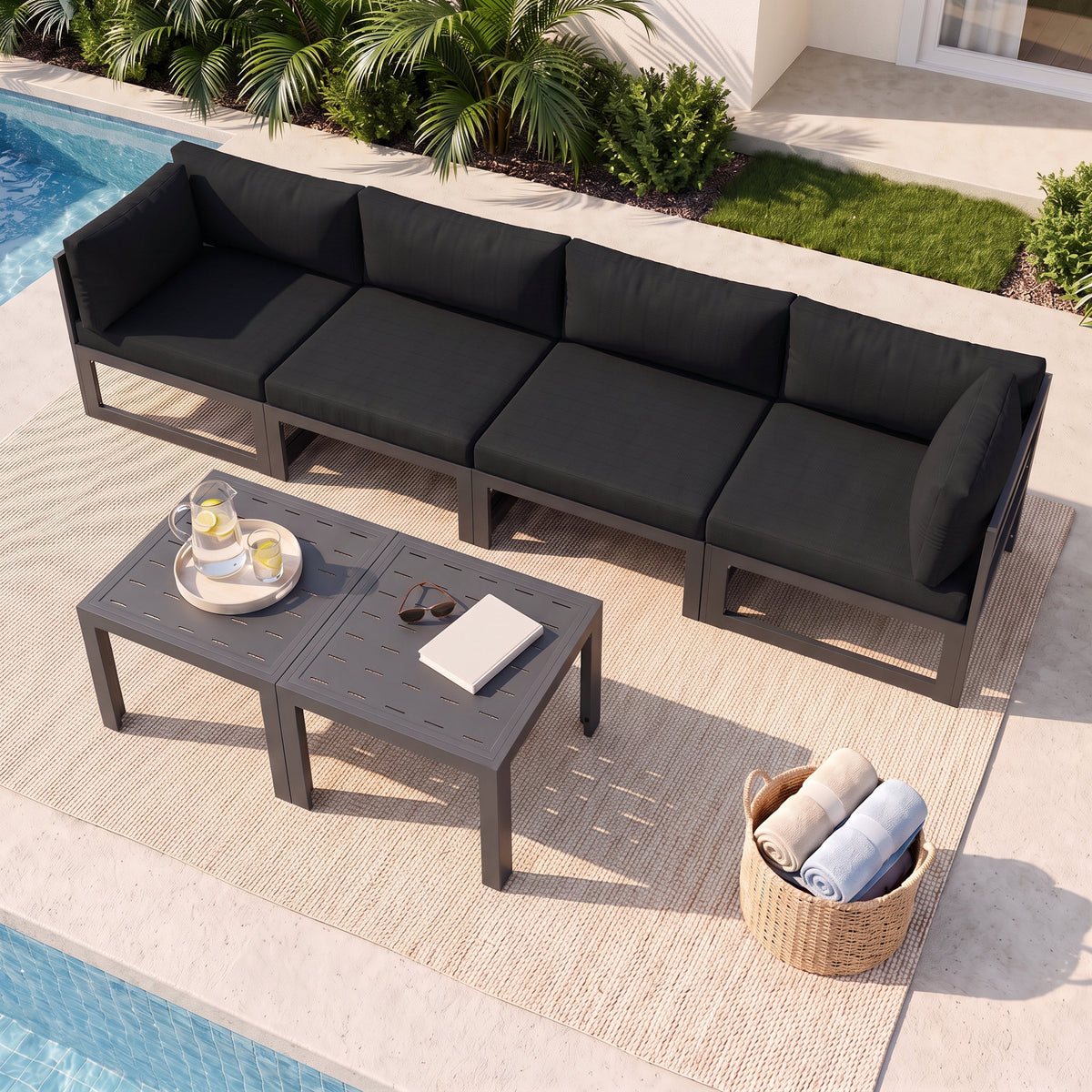 RADIATA 6pcs Outdoor Aluminum Furniture Set with 29" Seats, Oversized Modular Conversation Set Sectional Sofa, 500 lb Capacity,4" Cushions, 2 Corner&2 Armless Chairs&2 Tables
