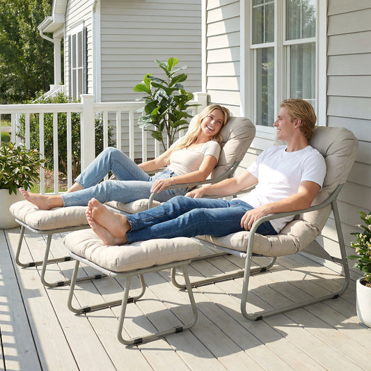 RADIATA Patio Lounge Chair with Armrests & Patio Chair and Ottoman, Oversized Papasan Chair, Heavy Duty 400lbs, Outdoor Chair with Foot Rest, 2PCS,Beige