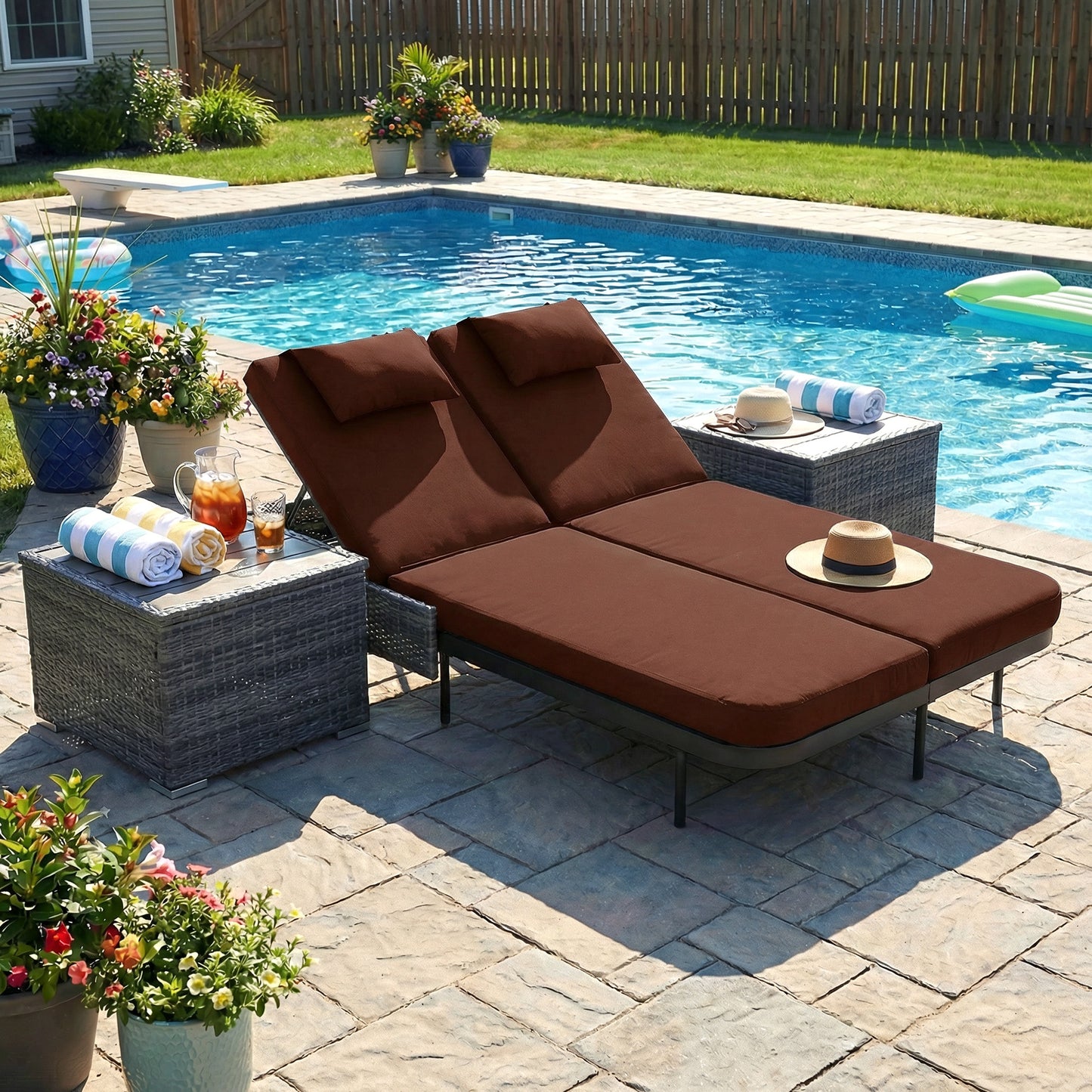 RADIATA 51.2" 2-Person Outdoor Double Chaise Lounge Outdoor Daybed With Independent 5-Position Backrests, 4.1" Cushions, 800 lb Capacity, Patio Chaise Lounge Chair,Dark Gray