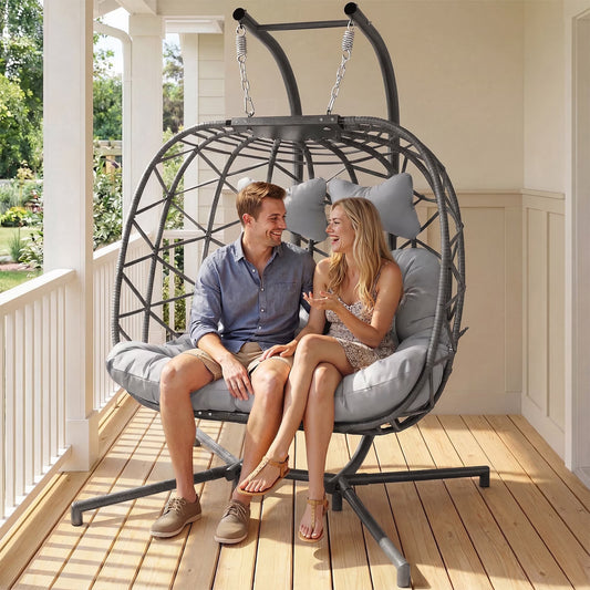 Double Wicker Swing Egg Chair 2 Person Hanging Egg Chair with Stand, Porch Swing Loveseat 700LBS Capacity for Indoor Outdoor