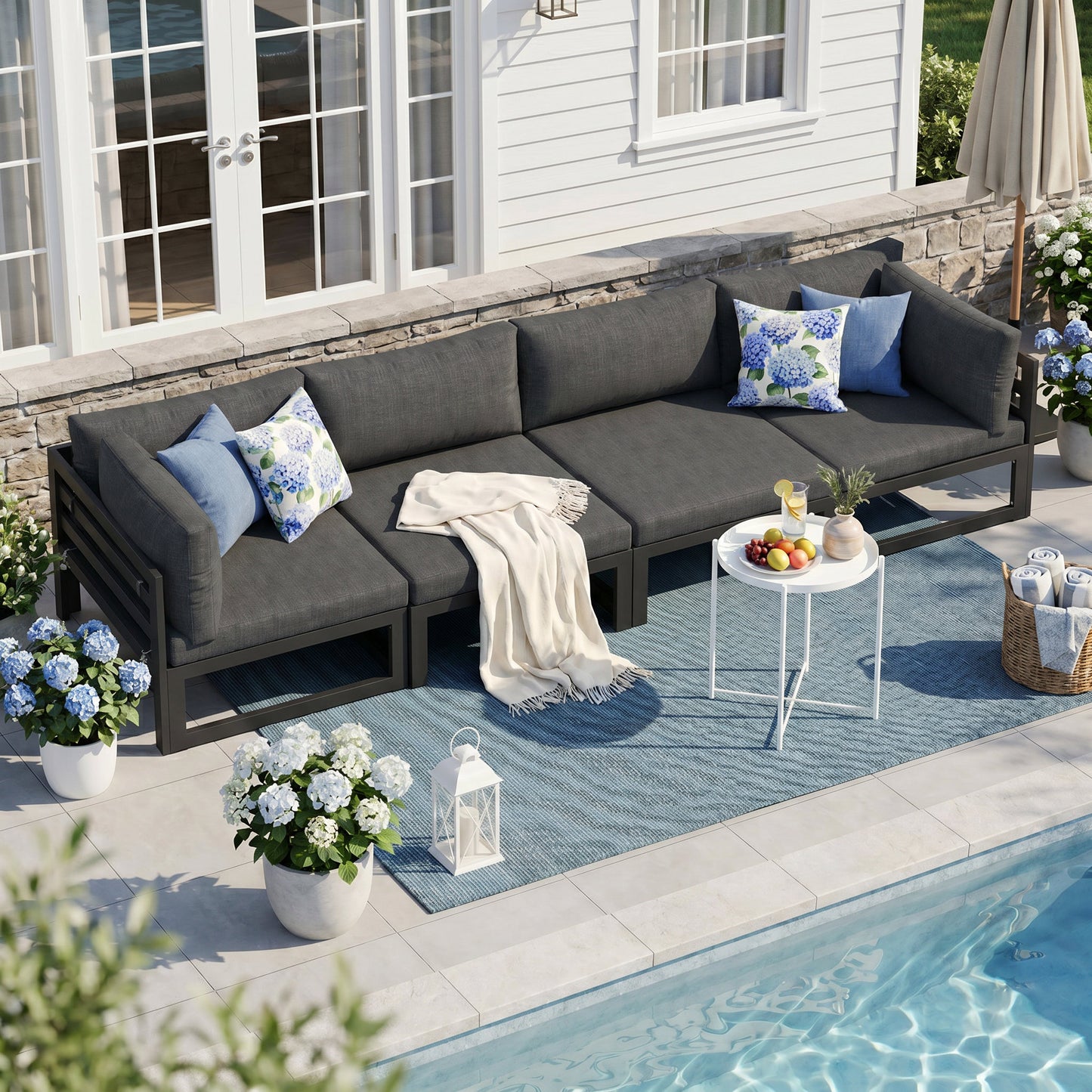 RADIATA 4pcs Outdoor Oversized Aluminum Furniture Set with 29" Seats, Modular Conversation Set Sectional Sofa set with 500 lb Capacity,4" Cushions, 2 Corner & 2 Armless Chairs, Gray&Dark Gray