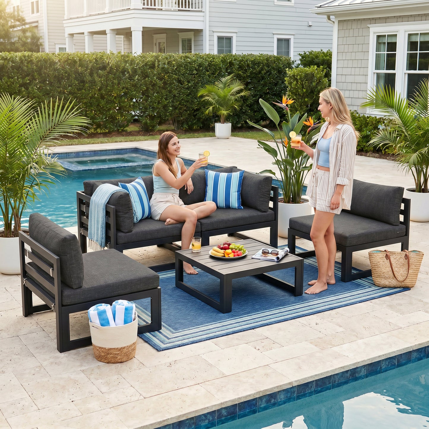 RADIATA 4pcs Outdoor Oversized Aluminum Furniture Set with 29" Seats, Modular Conversation Set Sectional Sofa set with 500 lb Capacity,4" Cushions, 2 Corner & 2 Armless Chairs, Gray&Dark Gray