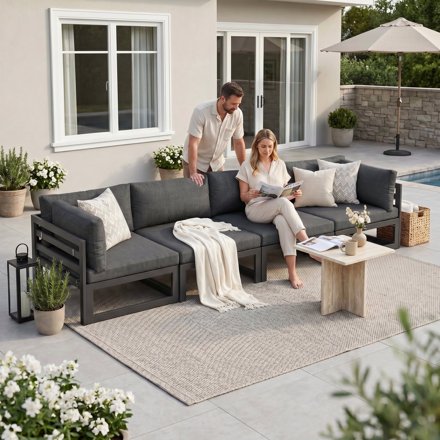 RADIATA 4pcs Outdoor Oversized Aluminum Furniture Set with 29" Seats, Modular Conversation Set Sectional Sofa set with 500 lb Capacity,4" Cushions, 2 Corner & 2 Armless Chairs, Gray&Dark Gray