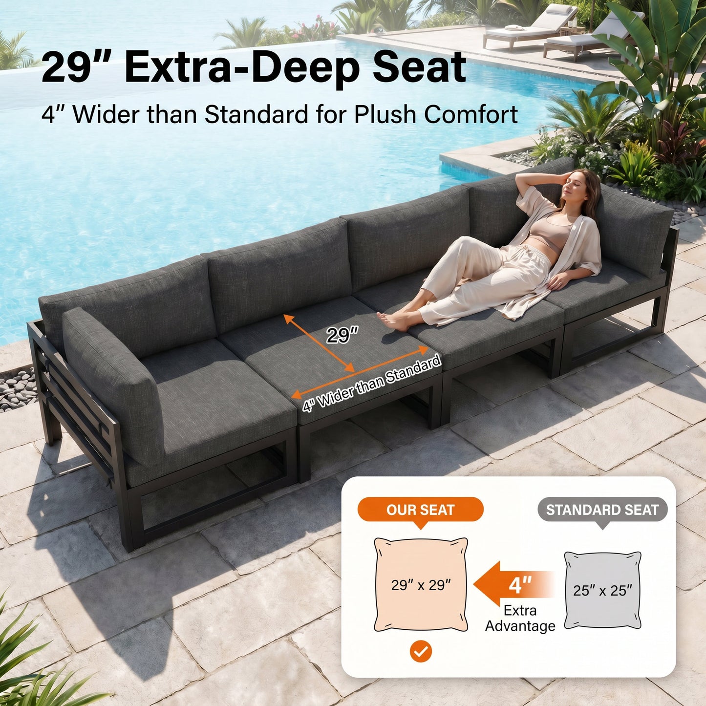 RADIATA 4pcs Outdoor Oversized Aluminum Furniture Set with 29" Seats, Modular Conversation Set Sectional Sofa set with 500 lb Capacity,4" Cushions, 2 Corner & 2 Armless Chairs, Gray&Dark Gray