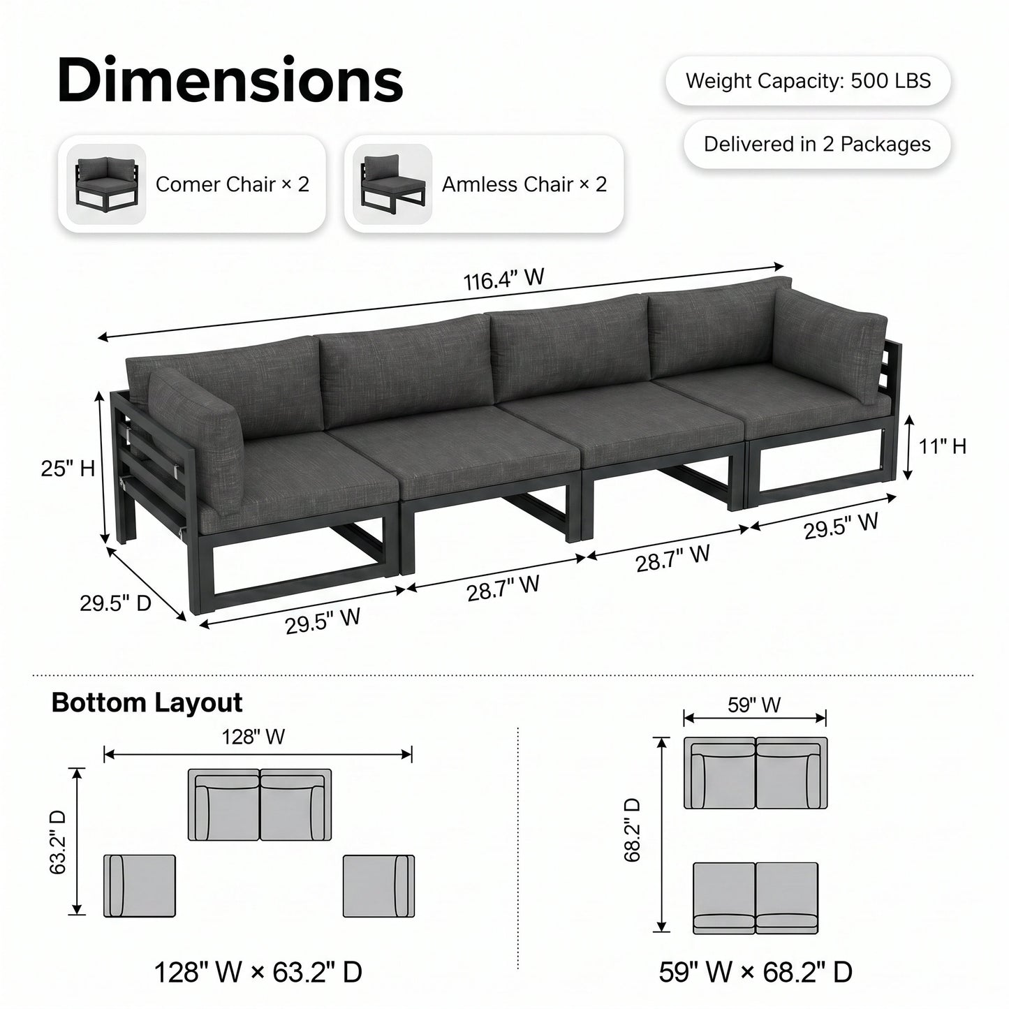 RADIATA 4pcs Outdoor Oversized Aluminum Furniture Set with 29" Seats, Modular Conversation Set Sectional Sofa set with 500 lb Capacity,4" Cushions, 2 Corner & 2 Armless Chairs, Gray&Dark Gray