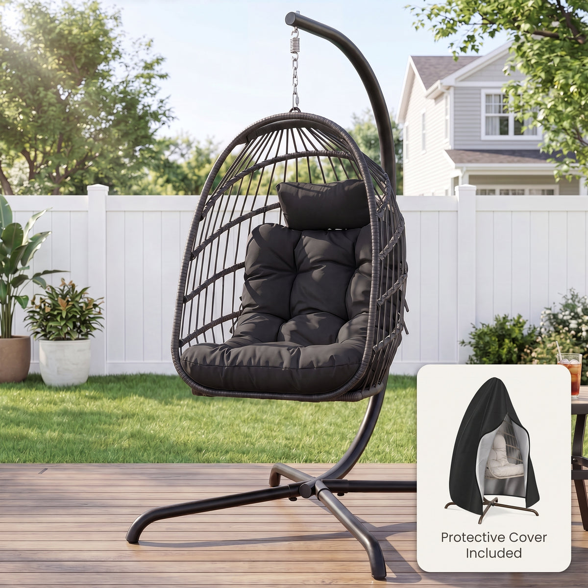 RADIATA Foldable Wicker Hanging Egg Chair With Stand and Cover,Maximum Weight 350 lbs