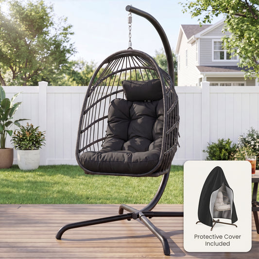 RADIATA Foldable Wicker Hanging Egg Chair With Stand and Cover,Maximum Weight 350 lbs