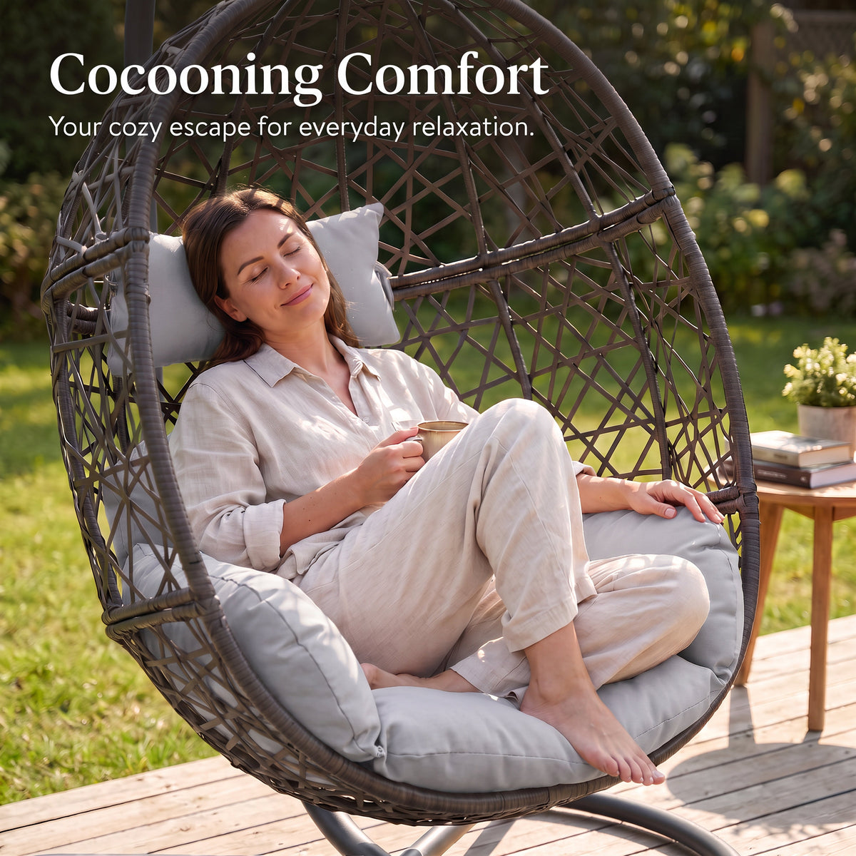 RADIATA Hanging Egg Chair with Stand, Outdoor Indoor Wicker Swing Chair, 350Lbs Nest Chair with Cushions, All-Weather Patio Hammock Seat for Porch Balcony Garden