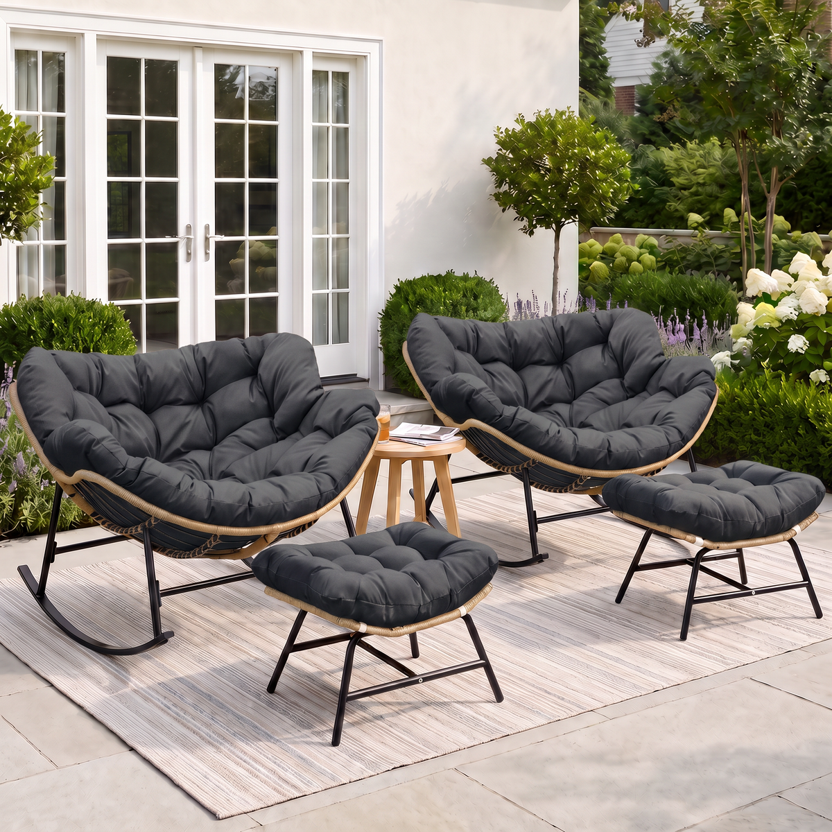 RADIATA Oversized Outdoor Papasan Rocking Chair with 5.1" Cushion, 450 lb Heavy-Duty Rattan Patio Rocker Chair, Water-Resistant Lounge Chair for Porch, Garden, Bedroom