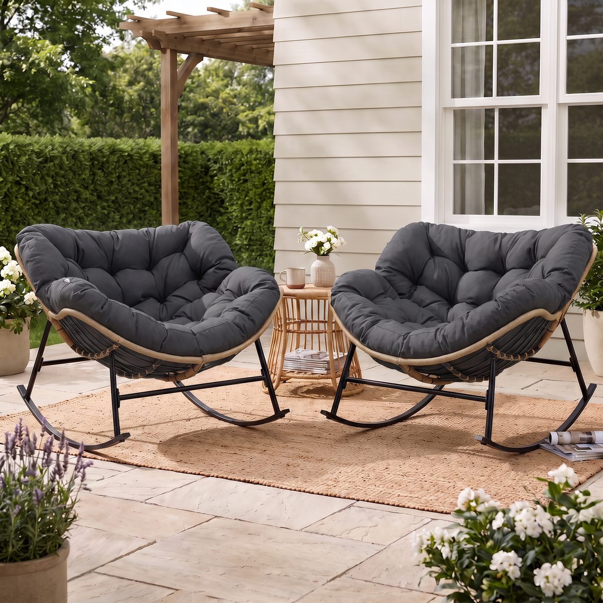 RADIATA Oversized Outdoor Papasan Rocking Chair with 5.1" Cushion, 450 lb Heavy-Duty Rattan Patio Rocker Chair, Water-Resistant Lounge Chair for Porch, Garden, Bedroom