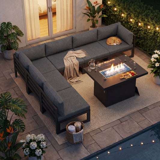 RADIATA 7 Pieces Aluminum Outdoor Patio Sectional Furniture Sofa Set with Fire Pit Table Large Size Luxury Comfortable Durable Water/UV-Resistant Garden Porch Backyard Party