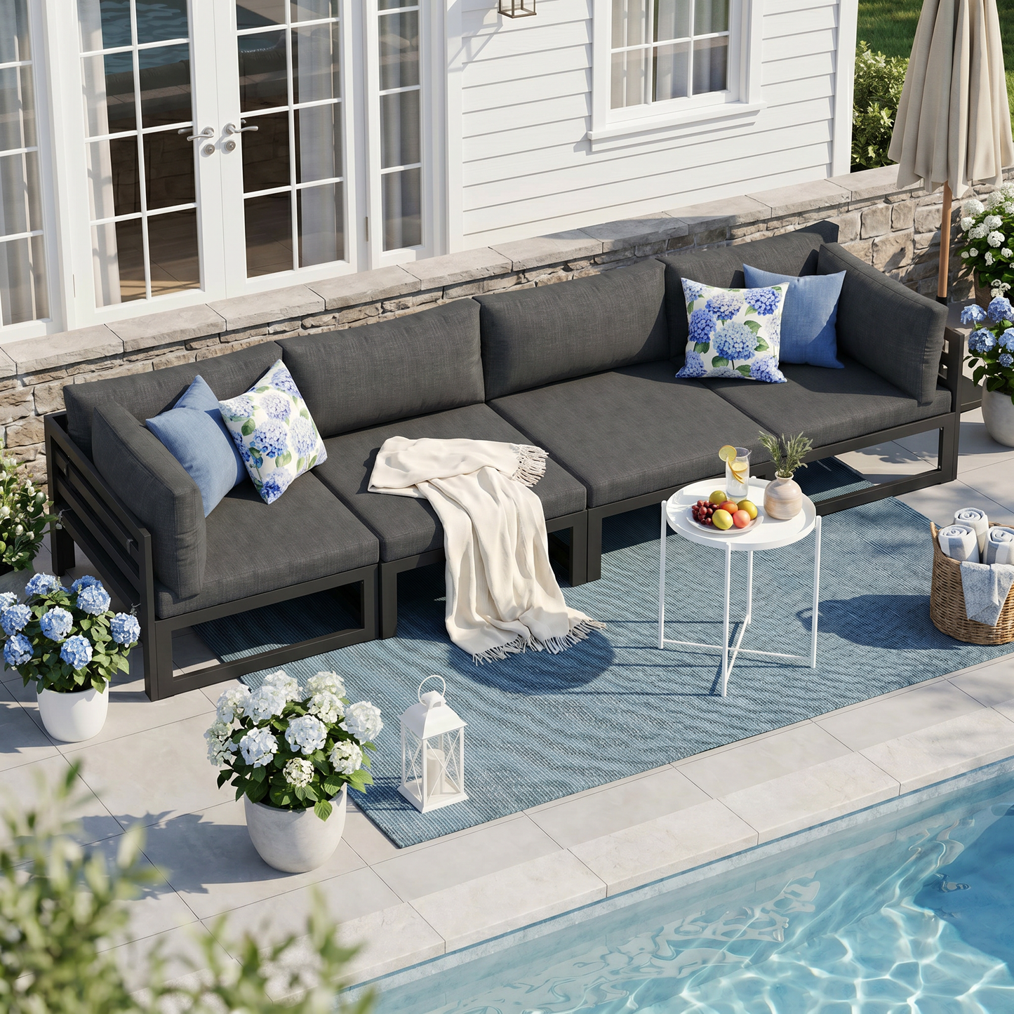 RADIATA 4pcs Outdoor Oversized Aluminum Furniture Set with 29" Seats, Modular Conversation Set Sectional Sofa set with 500 lb Capacity,4" Cushions, 2 Corner & 2 Armless Chairs, Gray&Dark Gray