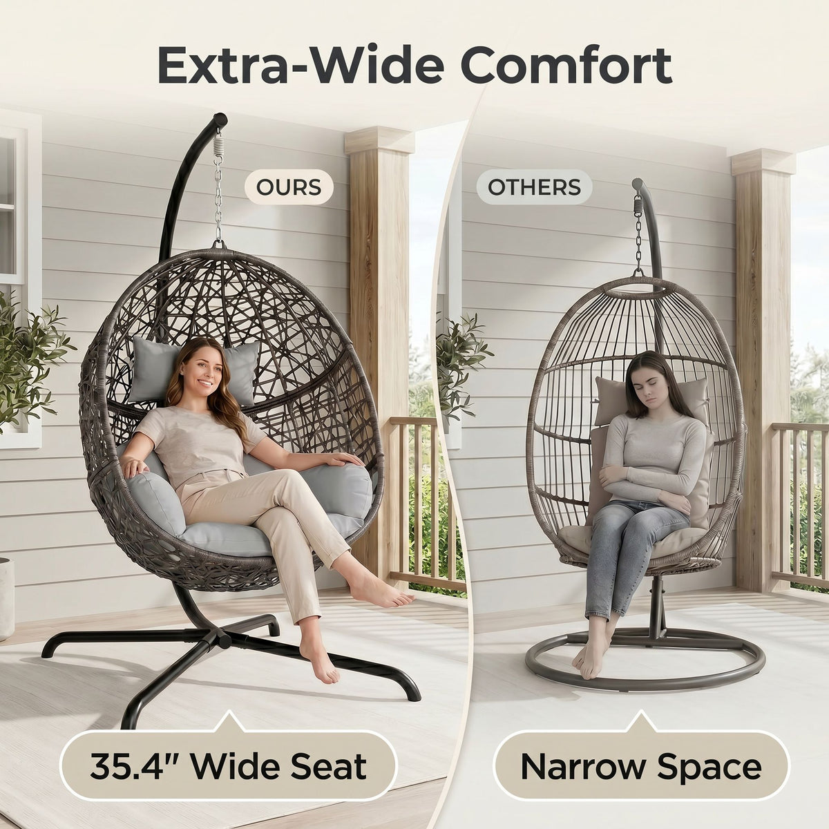 RADIATA Hanging Egg Chair with Stand, Outdoor Indoor Wicker Swing Chair, 350Lbs Nest Chair with Cushions, All-Weather Patio Hammock Seat for Porch Balcony Garden