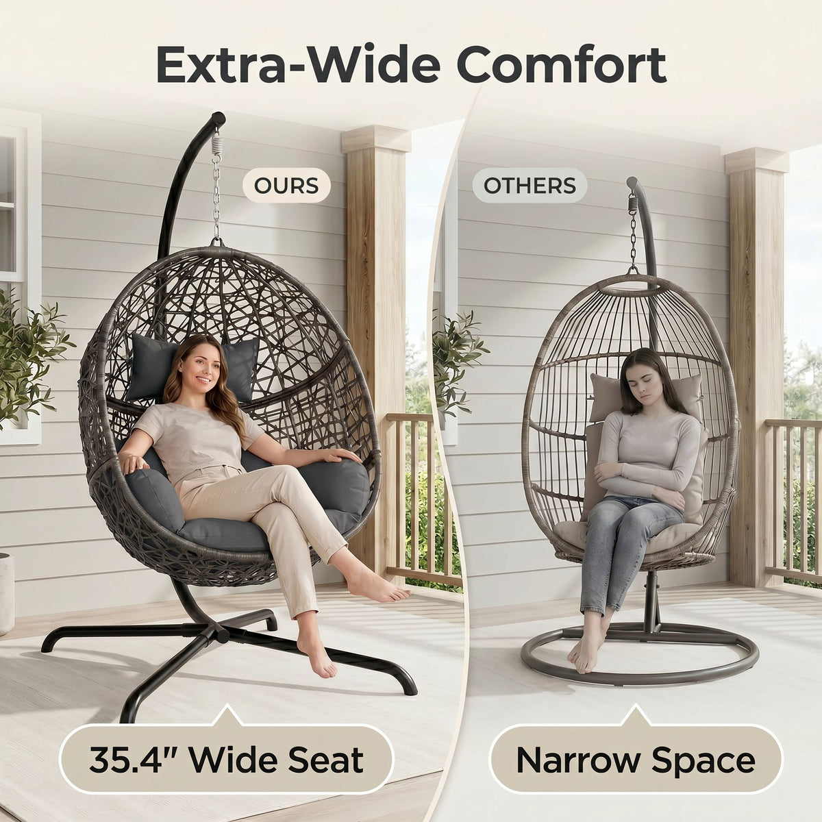 RADIATA Hanging Egg Chair with Stand, Outdoor Indoor Wicker Swing Chair, 350Lbs Nest Chair with Cushions, All-Weather Patio Hammock Seat for Porch Balcony Garden
