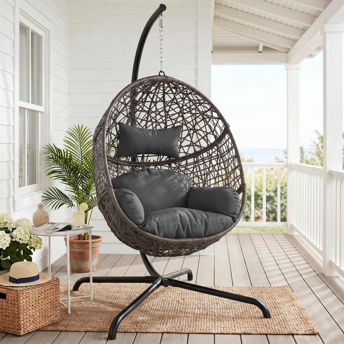 RADIATA Swing Egg Chair Bird Nest Cage Chair with Stand Thicken Gray UV-Resistant Cushion Indoor Outdoor Premium Rattan Wovend Sturdy Metal Frame 275lbs Capacity for Bedroom Living Room