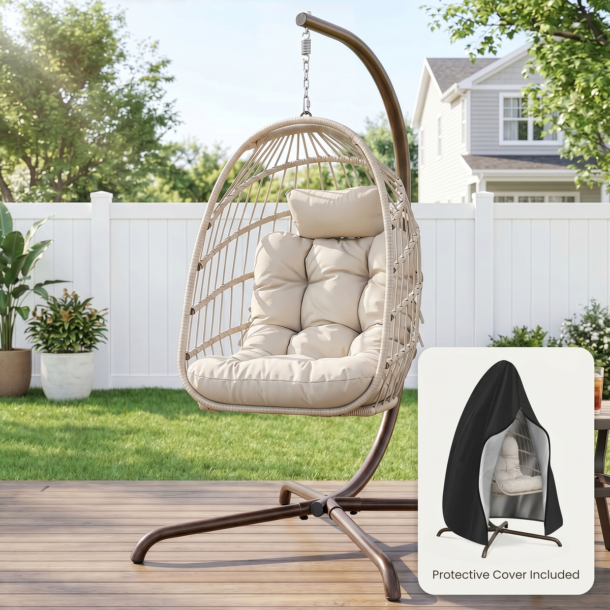 RADIATA Foldable Wicker Hanging Egg Chair With Stand and Cover,Maximum Weight 350 lbs