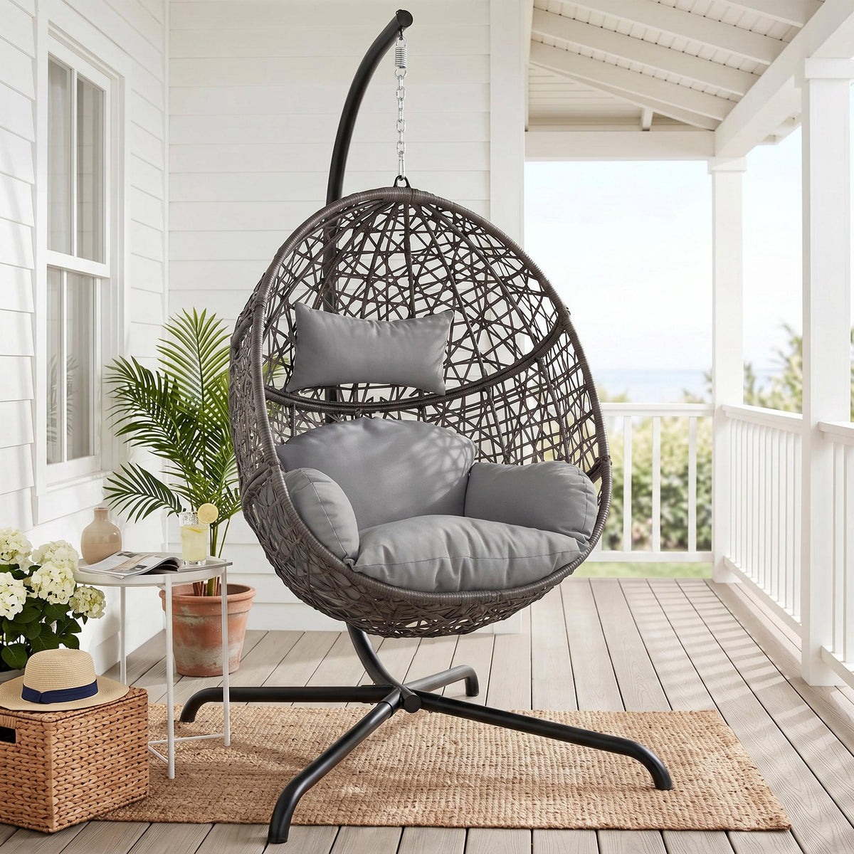 RADIATA Swing Egg Chair Bird Nest Cage Chair with Stand Thicken Gray UV-Resistant Cushion Indoor Outdoor Premium Rattan Wovend Sturdy Metal Frame 275lbs Capacity for Bedroom Living Room