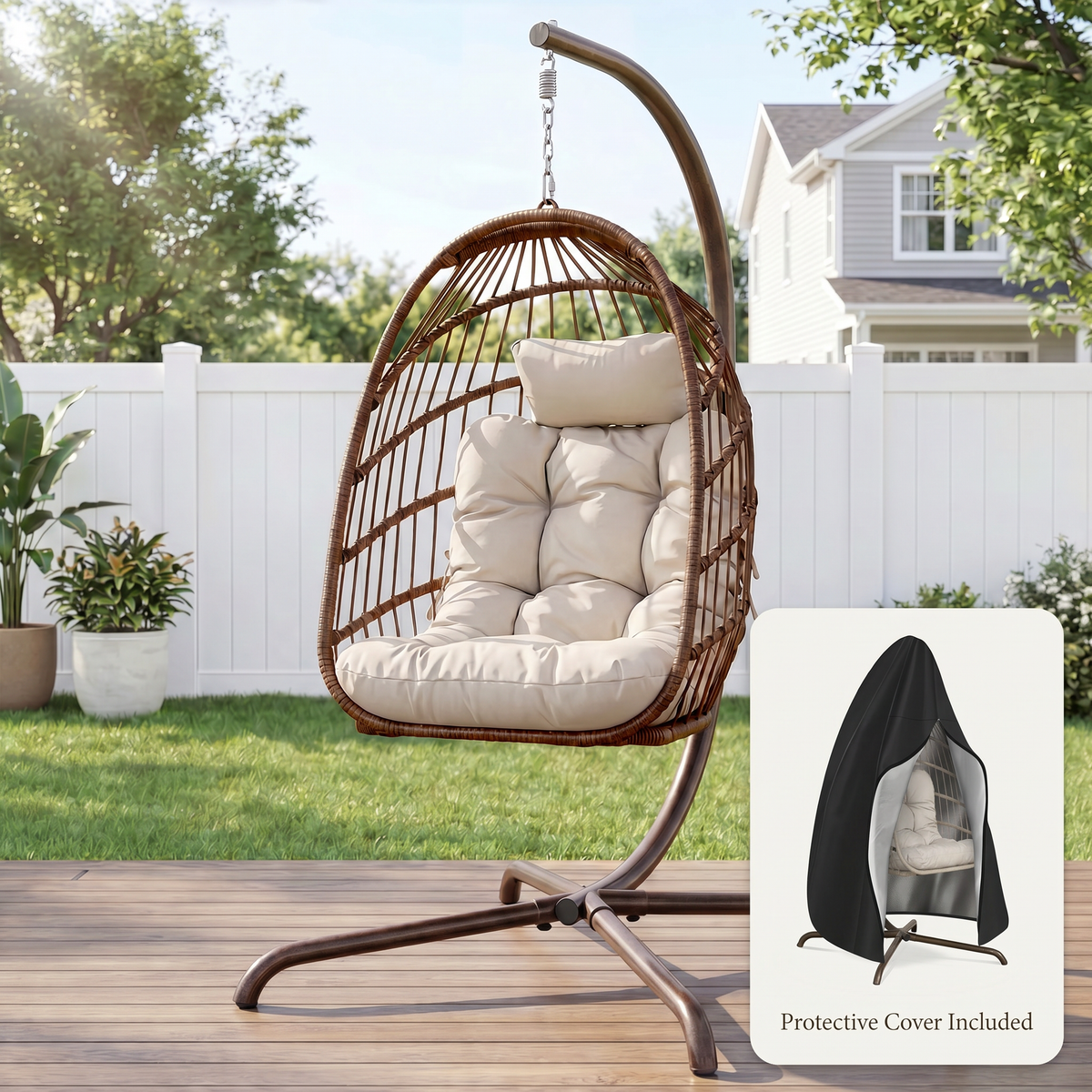 RADIATA Foldable Wicker Hanging Egg Chair With Stand and Cover,Maximum Weight 350 lbs