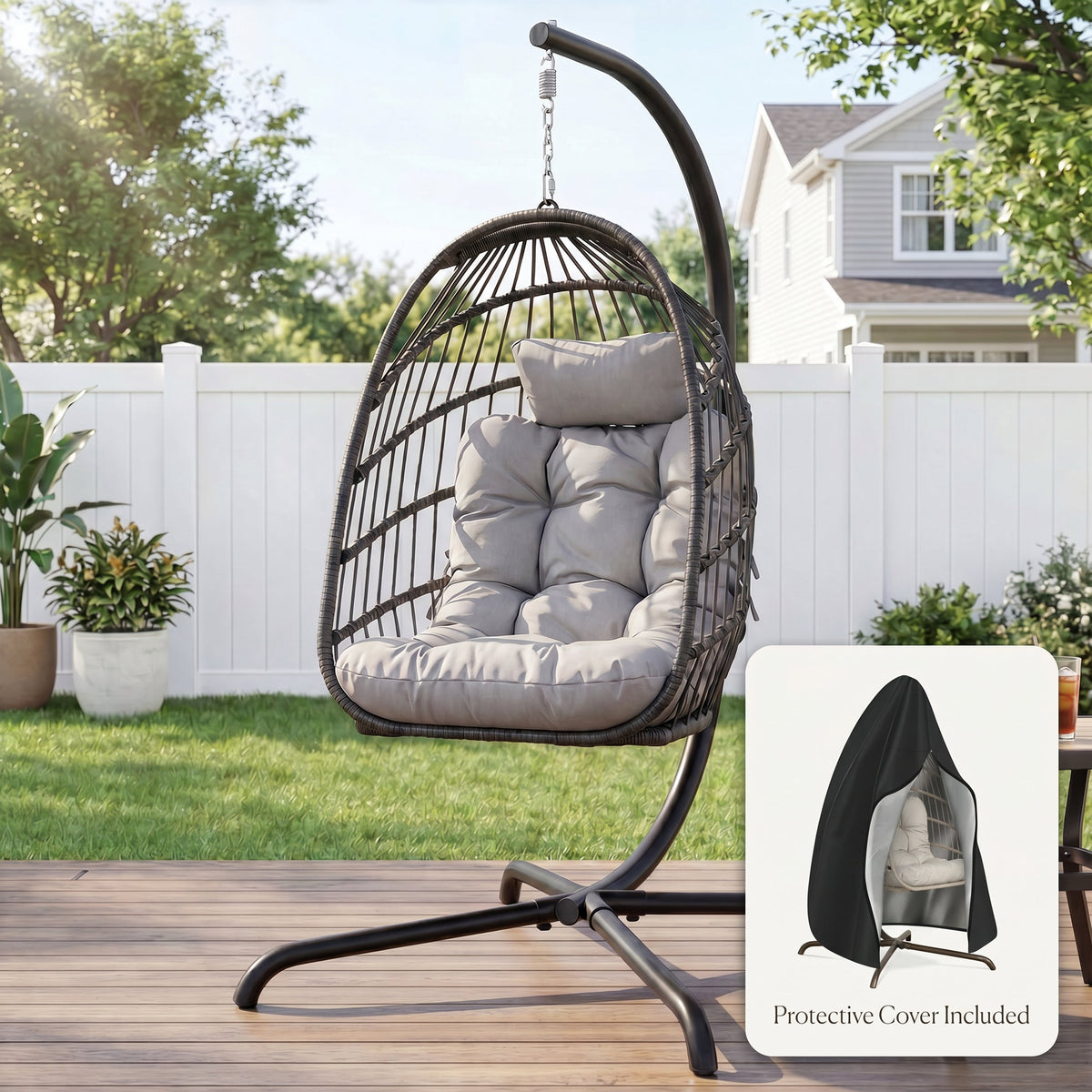 RADIATA Foldable Wicker Hanging Egg Chair With Stand and Cover,Maximum Weight 350 lbs