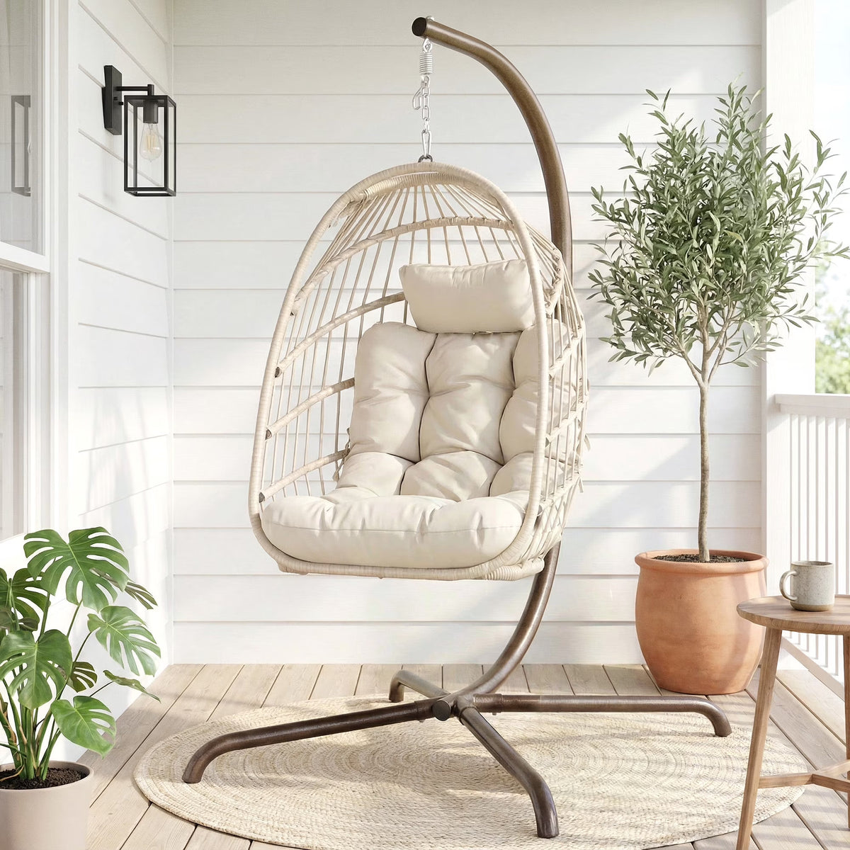 RADIATA Indoor Outdoor Hanging Egg Chair with Stand, 5" Thick Cushion, 350 lb Capacity, Fully Wrapped Wicker, Foldable Swing Chair, No Ceiling Drilling Needed