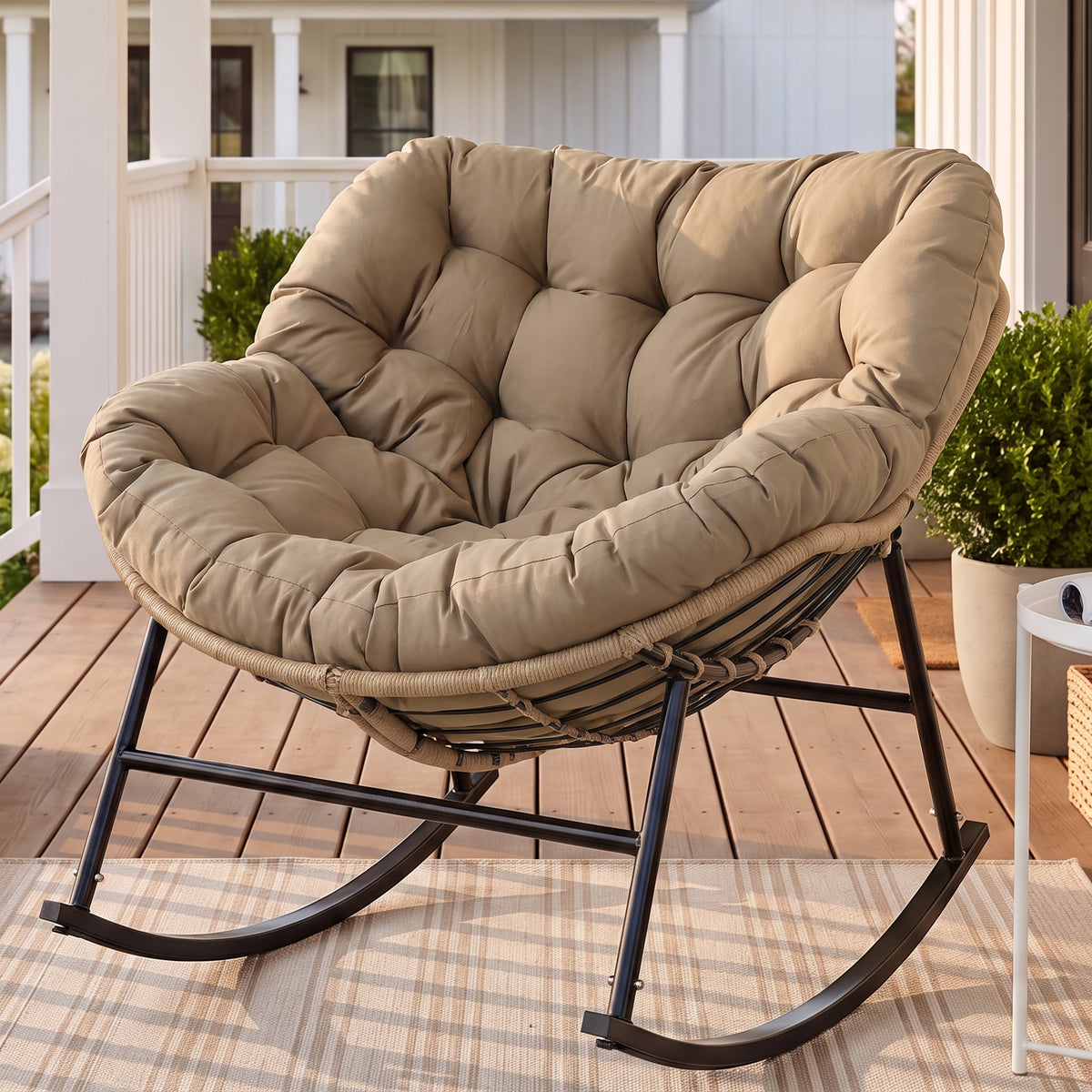 RADIATA Oversized Outdoor Papasan Rocking Chair with 5.1" Cushion, 450 lb Heavy-Duty Rattan Patio Rocker Chair, Water-Resistant Lounge Chair for Porch, Garden, Bedroom