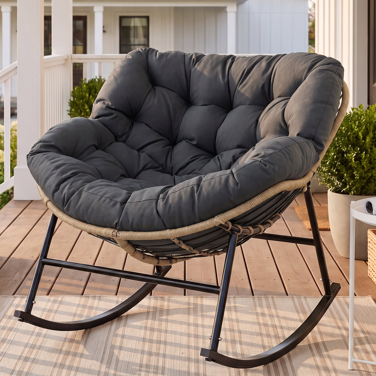 RADIATA Oversized Outdoor Papasan Rocking Chair with 5.1" Cushion, 450 lb Heavy-Duty Rattan Patio Rocker Chair, Water-Resistant Lounge Chair for Porch, Garden, Bedroom