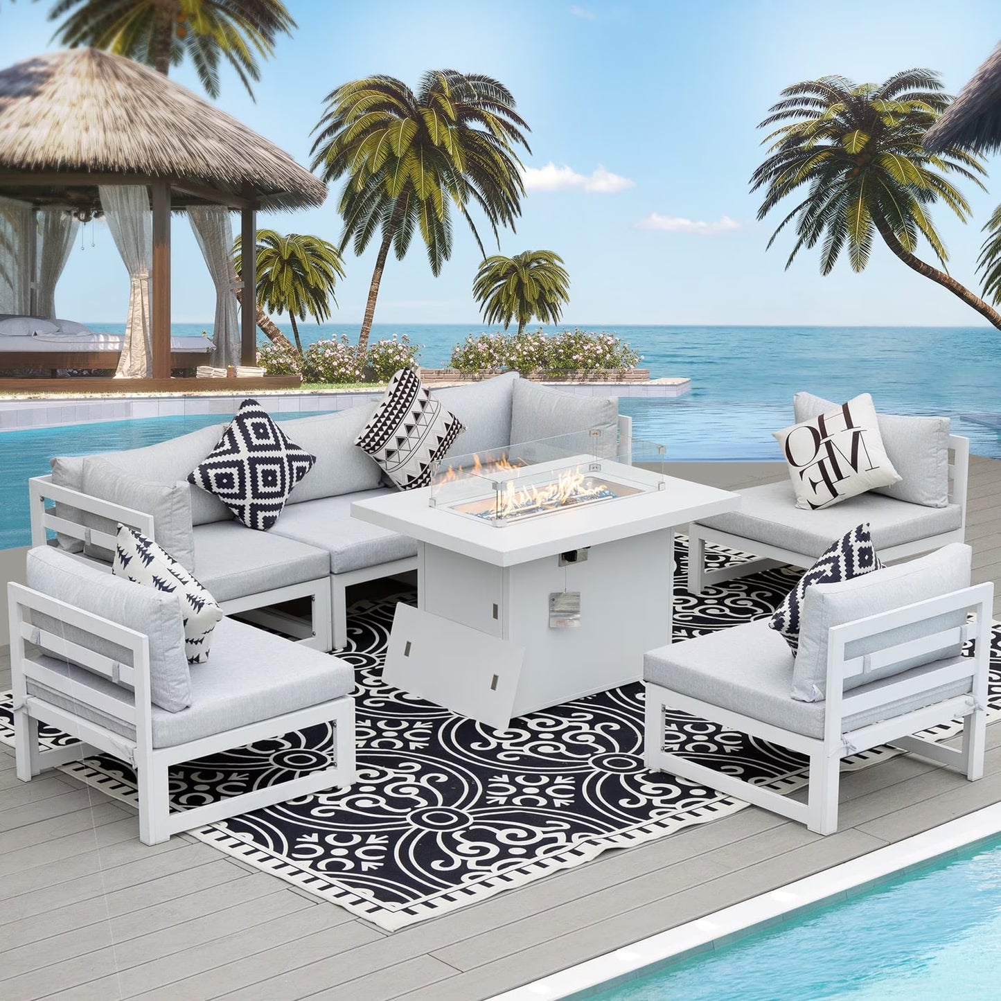 RADIATA Aluminum Outdoor Furniture with Fire Pit Patio Sofa Conversation Set White 6 Seating