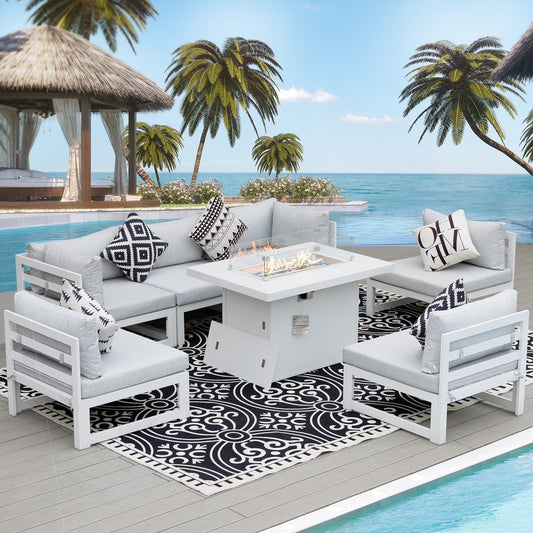 RADIATA Aluminum Outdoor Furniture with Fire Pit Patio Sofa Conversation Set White 6 Seating