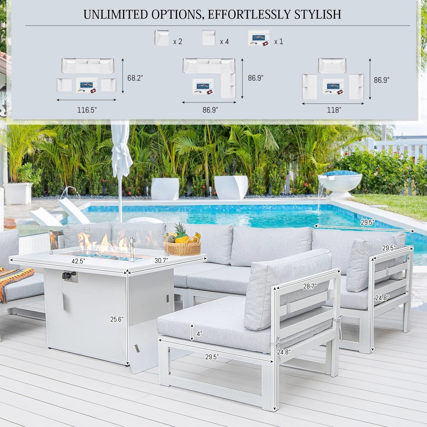 RADIATA Aluminum Outdoor Furniture with Fire Pit Patio Sofa Conversation Set White 6 Seating