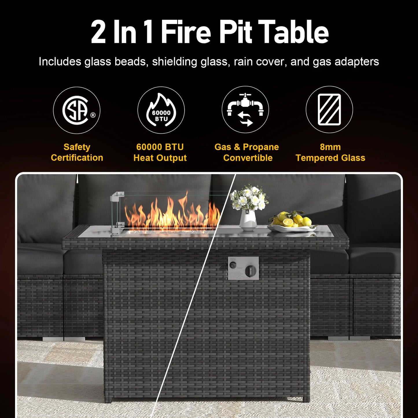 RADIATA 7-Piece Patio Furniture Set with Fire Pit Table, Outdoor Sectional with Fire Pit Table, Patio Couch Set with Fire Pit Table, Patio Furniture Set Outdoor Sectionals,Gray/Dark Gray