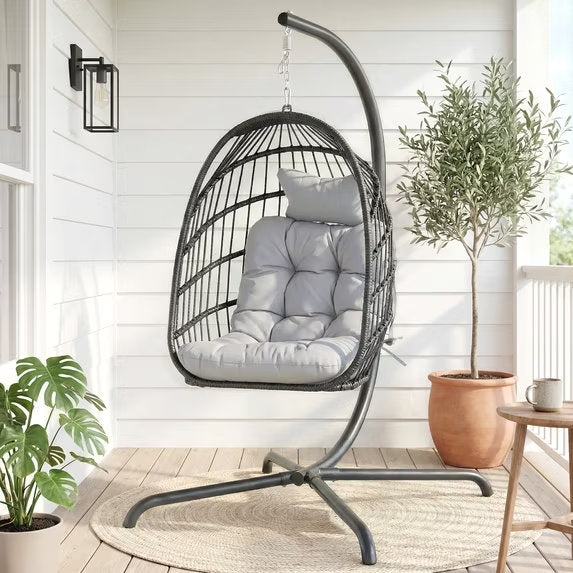 RADIATA Indoor Outdoor Hanging Egg Chair with Stand, 5" Thick Cushion, 350 lb Capacity, Fully Wrapped Wicker, Foldable Swing Chair, No Ceiling Drilling Needed