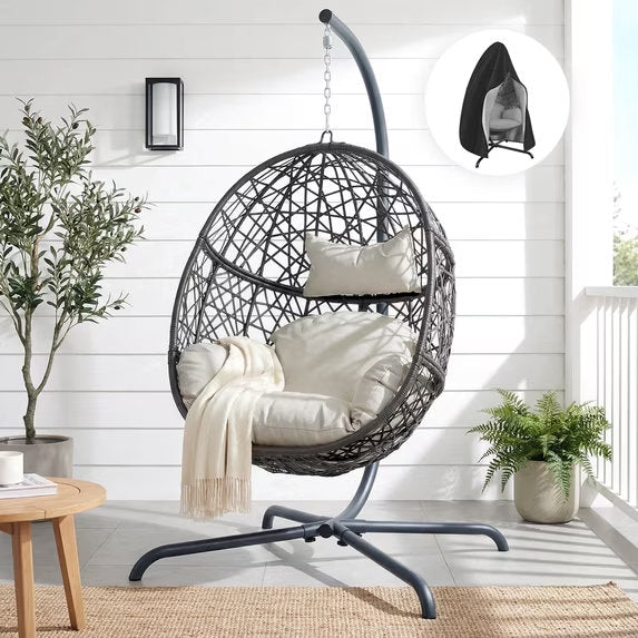 RADIATA Hanging Egg Chair with Stand, Outdoor Indoor Wicker Swing Chair, 350Lbs Nest Chair with Cushions, All-Weather Patio Hammock Seat for Porch Balcony Garden