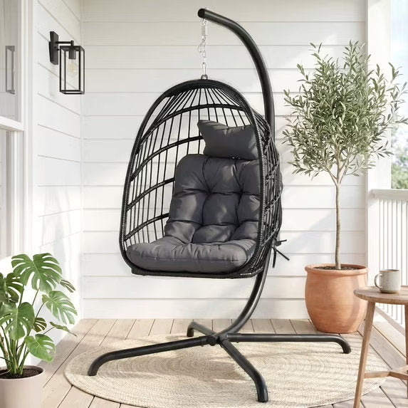 RADIATA Indoor Outdoor Hanging Egg Chair with Stand, 5" Thick Cushion, 350 lb Capacity, Fully Wrapped Wicker, Foldable Swing Chair, No Ceiling Drilling Needed