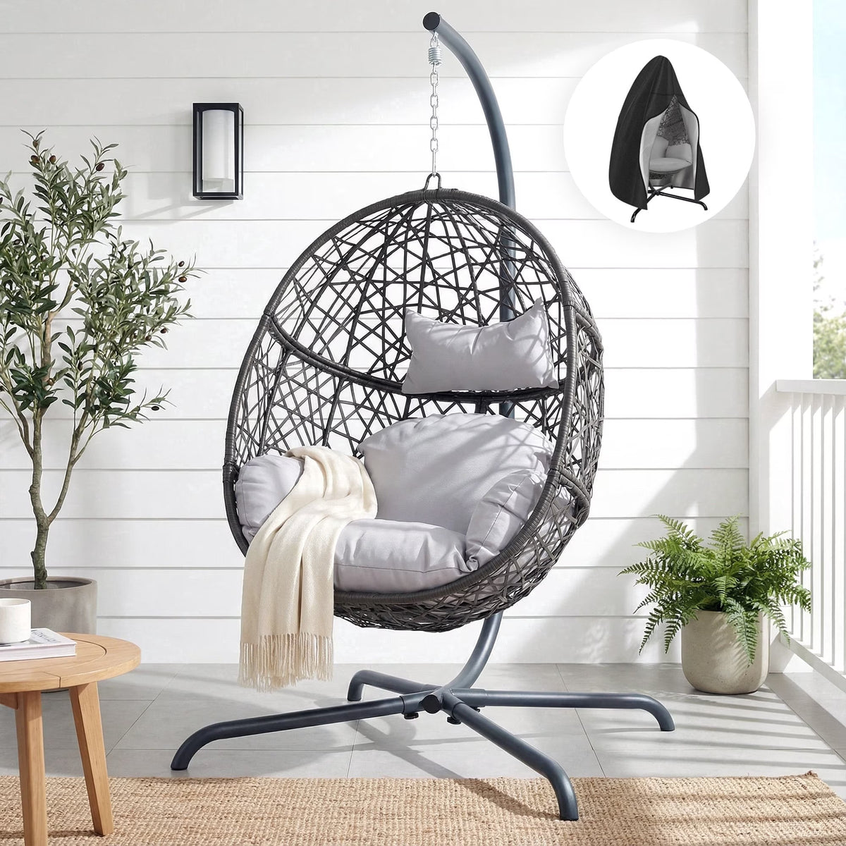 RADIATA Hanging Egg Chair with Stand, Outdoor Indoor Wicker Swing Chair, 350Lbs Nest Chair with Cushions, All-Weather Patio Hammock Seat for Porch Balcony Garden