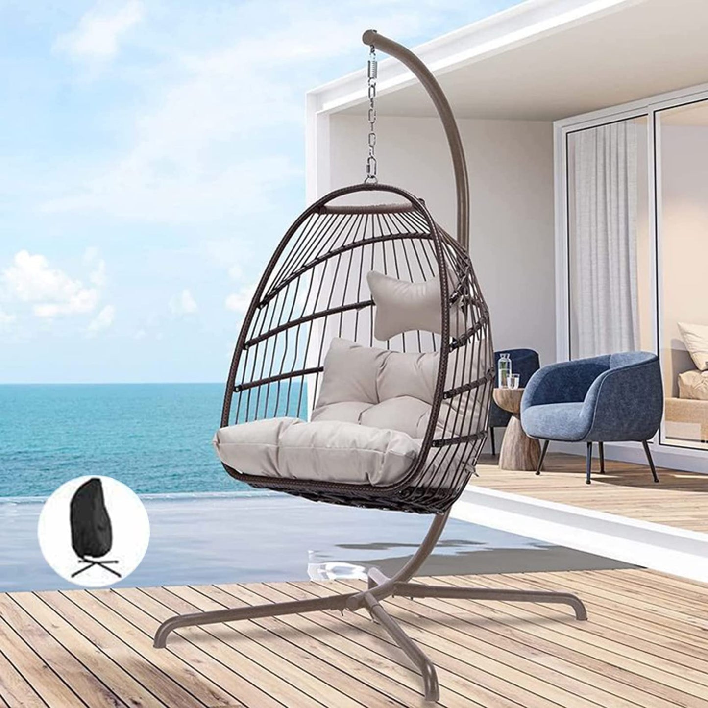 FINCATI Foldable Wicker Hanging Egg Chair With Stand and Cover,Maximum Weight 350 lbs