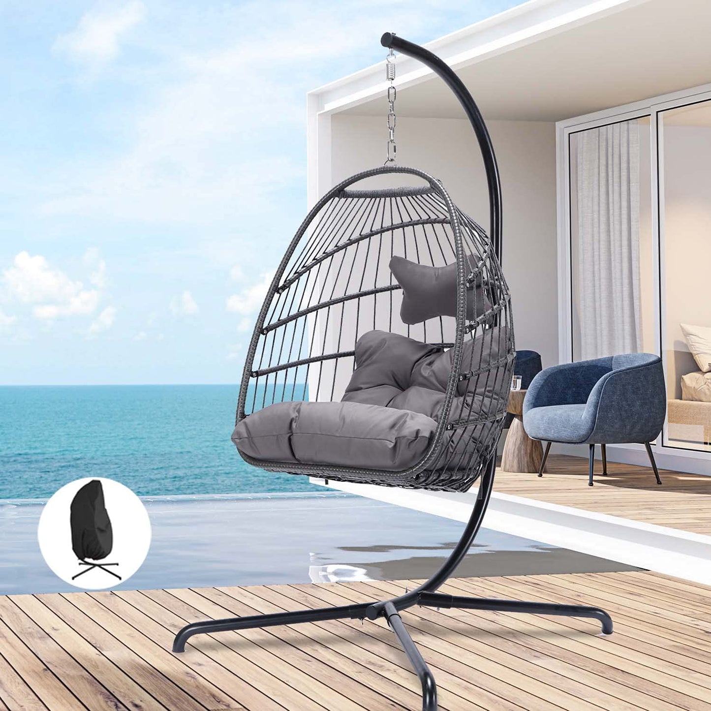 FINCATI Foldable Wicker Hanging Egg Chair With Stand and Cover,Maximum Weight 350 lbs